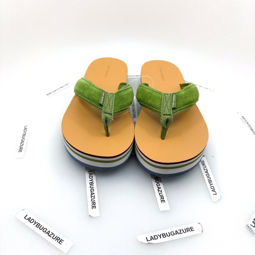 NWOB Tory Burch Platform Flip Flops Orange with Green Suede Straps Size 7